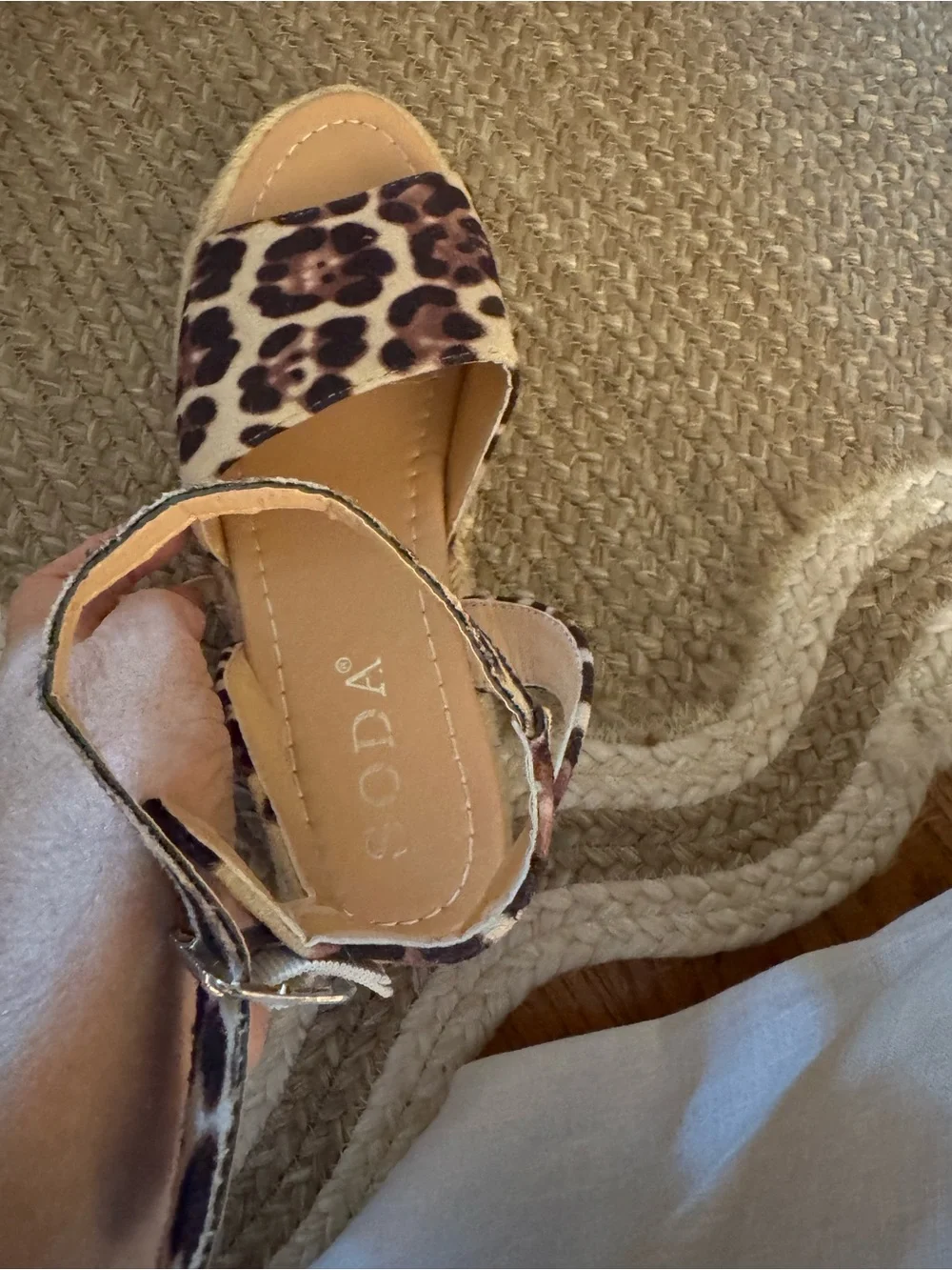 Soda Leopard Print Tan and Black Ankle-Strap Espadrille Sandals